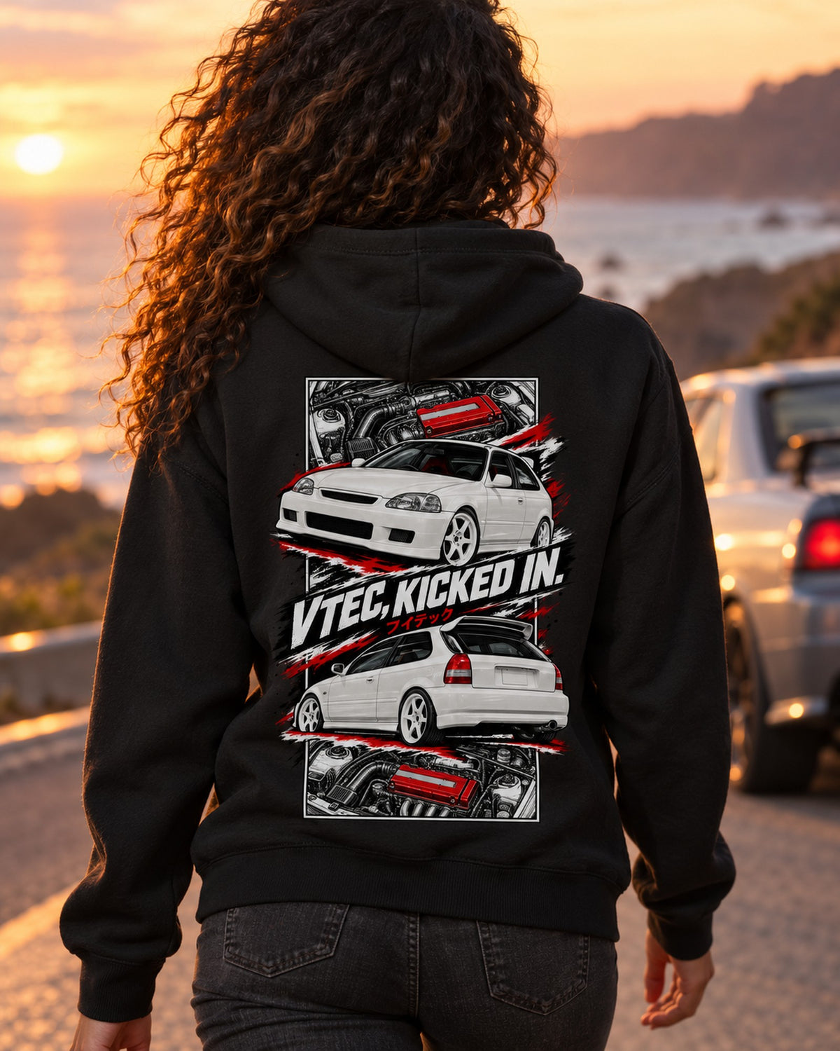 Honda Civic Ek9 Torn Poster Full-Back Graphic Tee Zip Hoodie Black worn hero