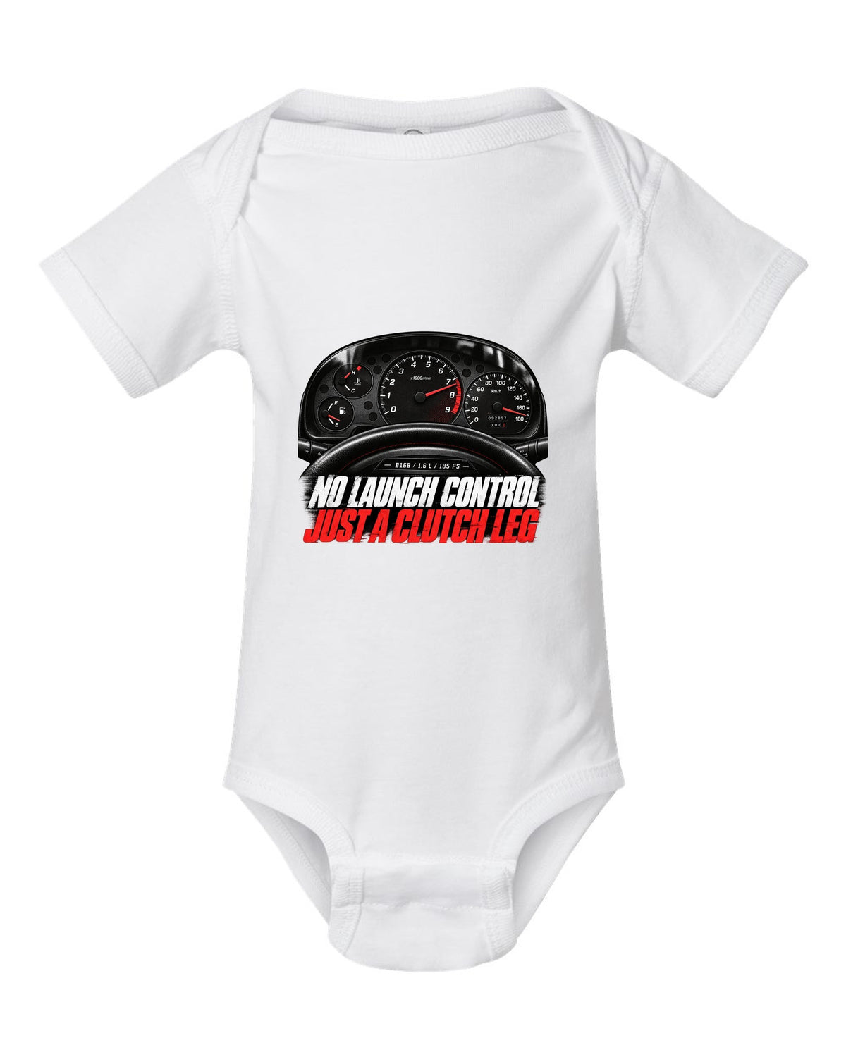 Cockpit gauge print of a 1997 Honda Civic EK9 chback with clutch leg text white baby onesie front view with the design