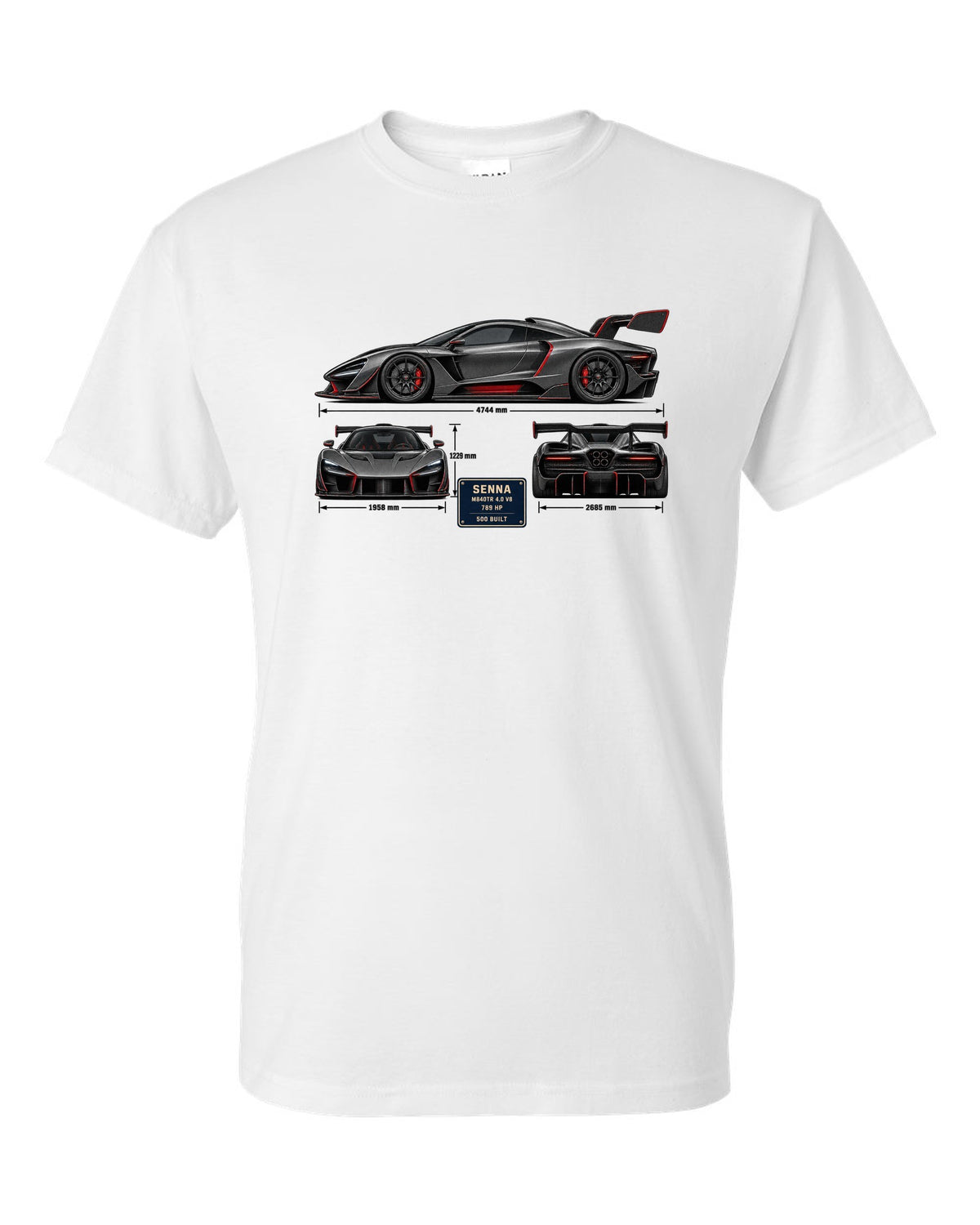 Three-view and spec table print of a McLaren Senna in graphite and red white t-shirt front view with the design