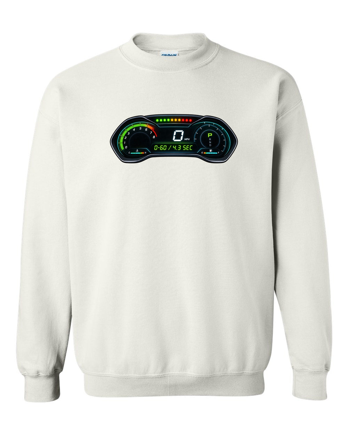 Retro manga halftone panel print of an S550 Mustang fastback doing a line lock burnout white crewneck front view with the design