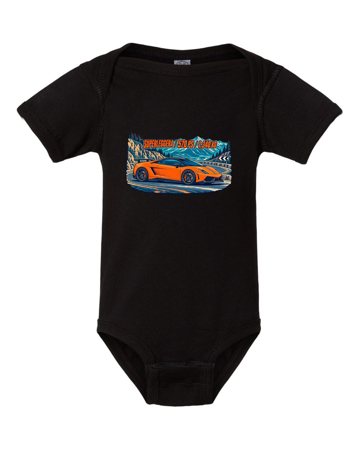 Three-colour risograph design of a Lamborghini Gallardo LP570-4 Superleggera on a mountain pass black baby onesie front view with the design