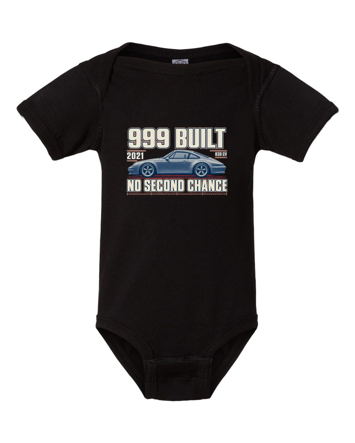 Ferrari 812 Competizione halftone print with 999 built, 2021 text black baby onesie front view with the design