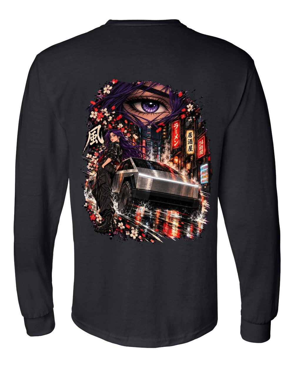 Tesla Cybertruck Anime Girl Long Sleeve Black back