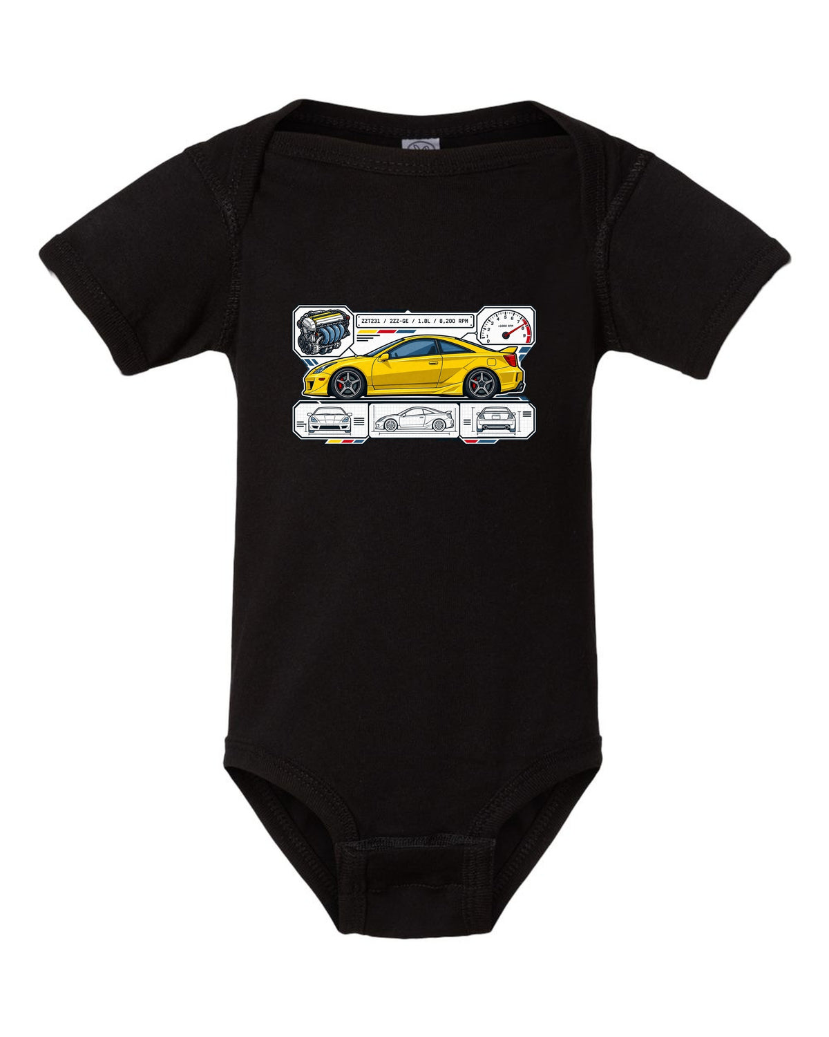 Spec sheet data plate for a Toyota Celica ZZT231 listing 2ZZ-GE, 1.8L and 8,200 RPM black baby onesie front view with the design