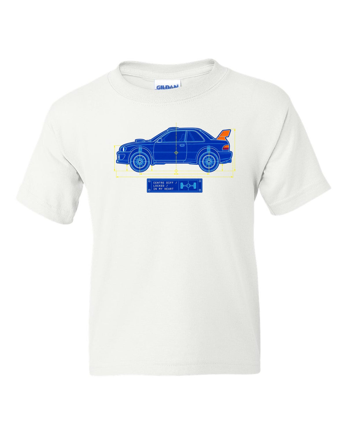 Blueprint line art of a Toyota Celica GT-Four ST185 with centre diff lettering white kids tee front view with the design