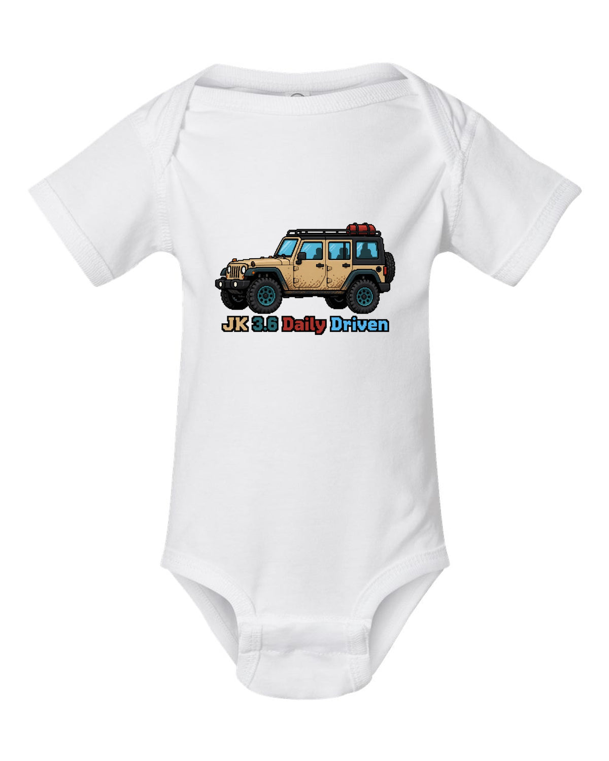Jeep Wrangler JK 16-bit pixel art design with JK 3.6 daily driven text white baby onesie front view with the design