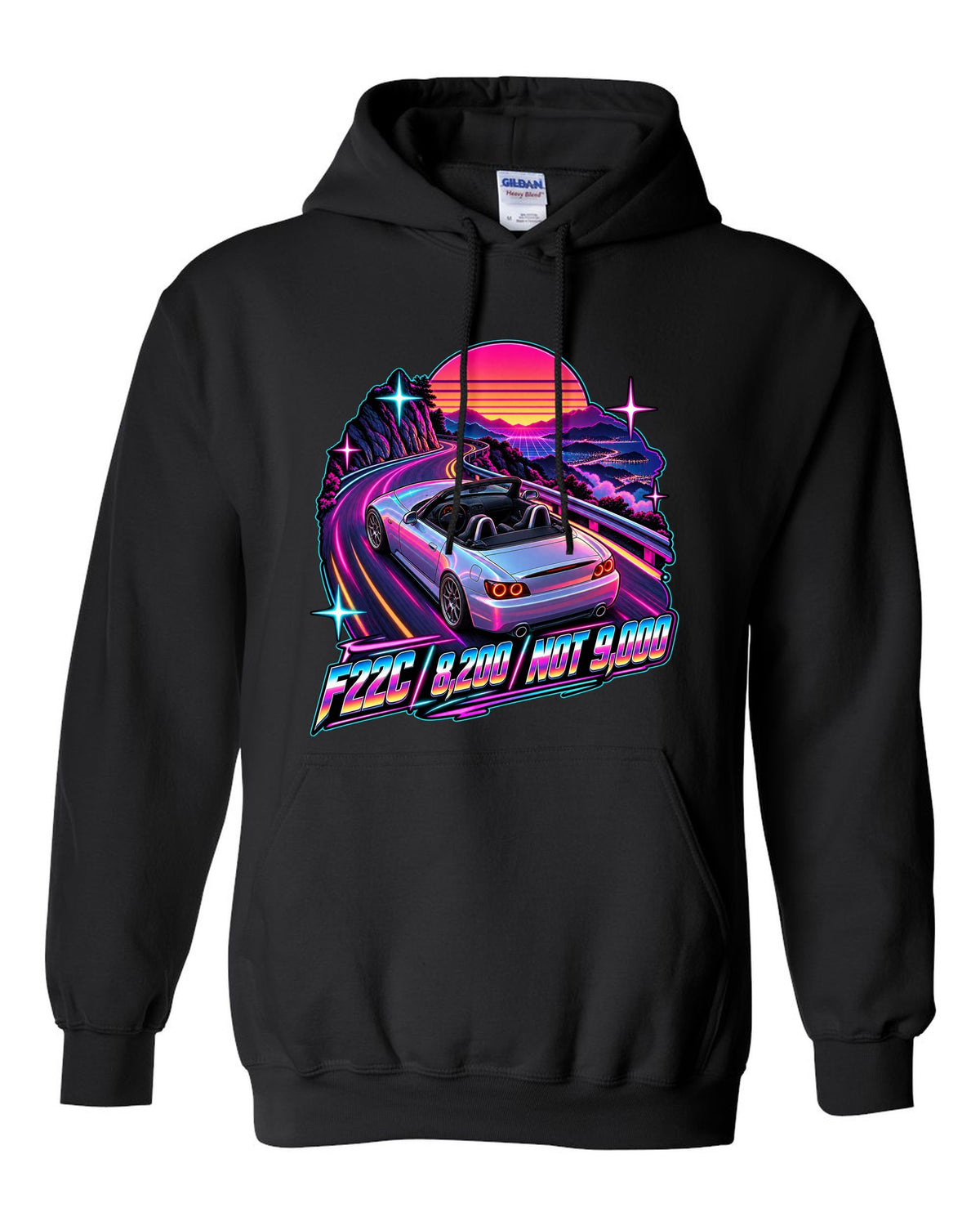 Neon synthwave print of a 2004 Honda S2000 AP2 roadster with F22C 8,200 Not 9,000 lettering black pull over hoodie front view with the design
