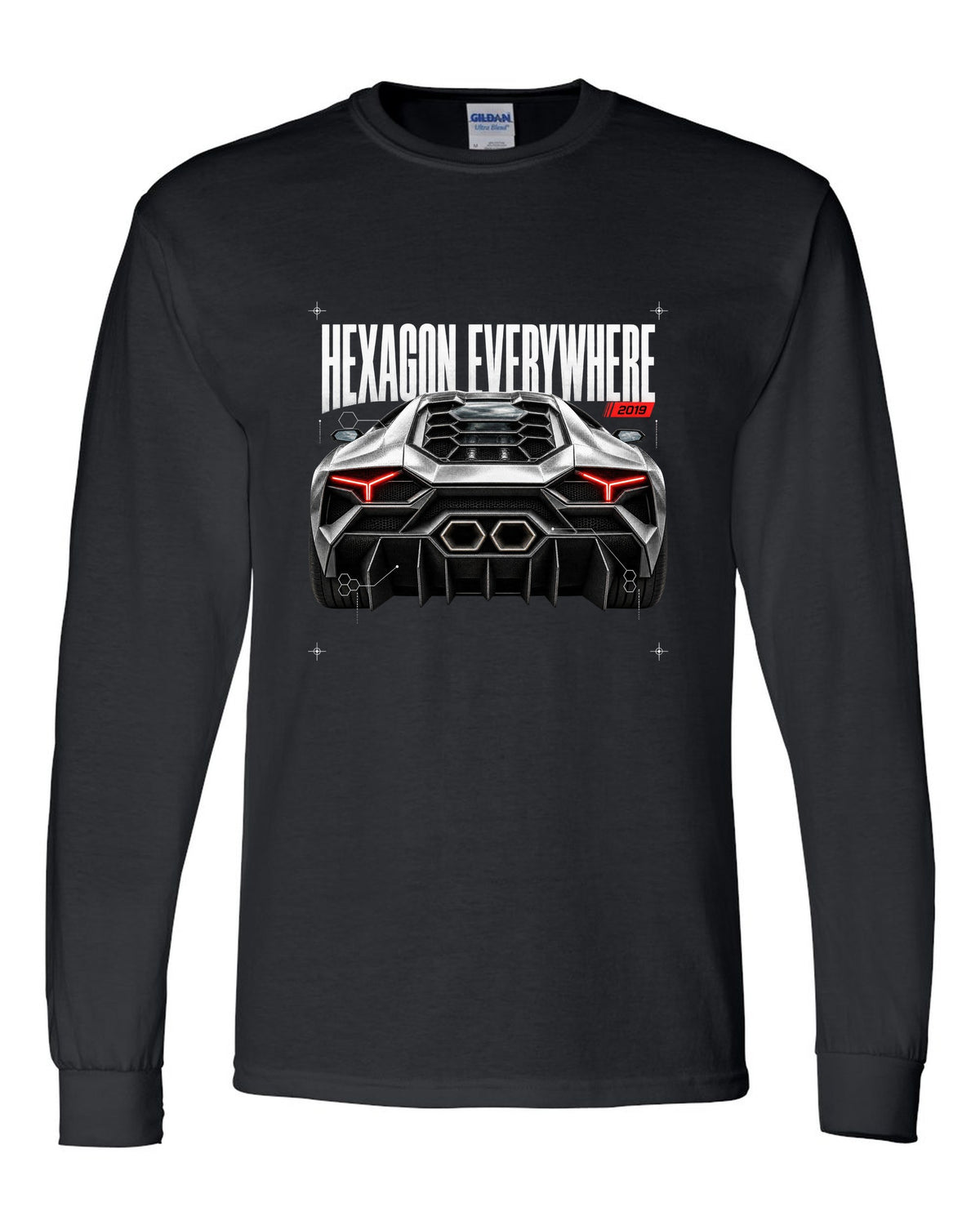 Detail macro print of a Lamborghini Huracan Evo LP640-4 with Hexagon Everywhere text black long sleeve front view with the design