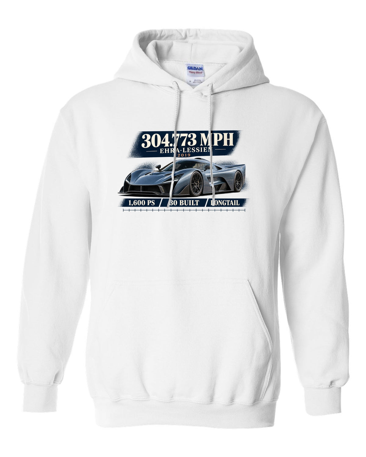 Bugatti Chiron Super Sport 300+ archive panel print with 304.773 mph record white pull over hoodie front view with the design