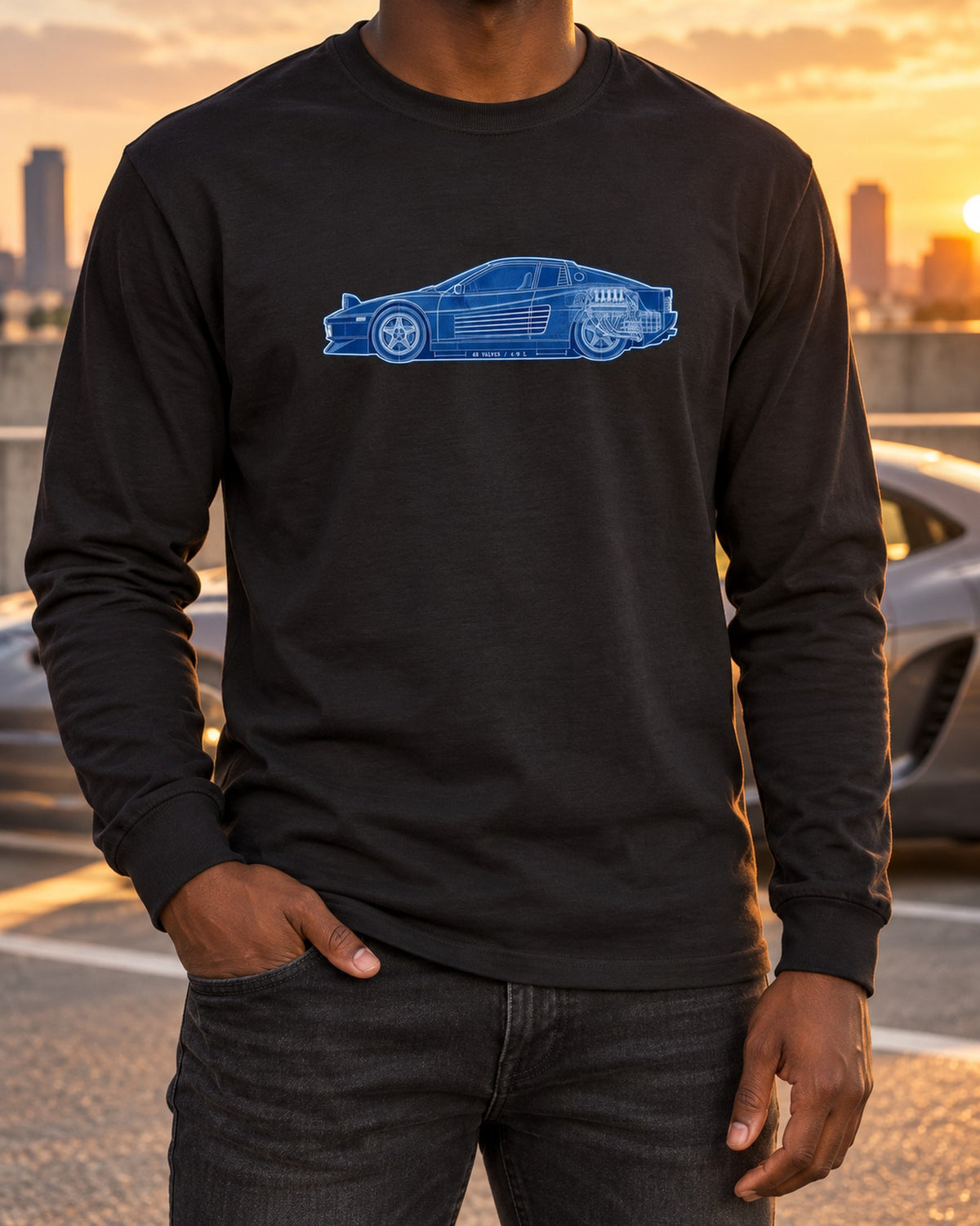 Ferrari Testarossa F110 Flat-12 Cyanotype Blueprint Tee Long Sleeve Black worn hero