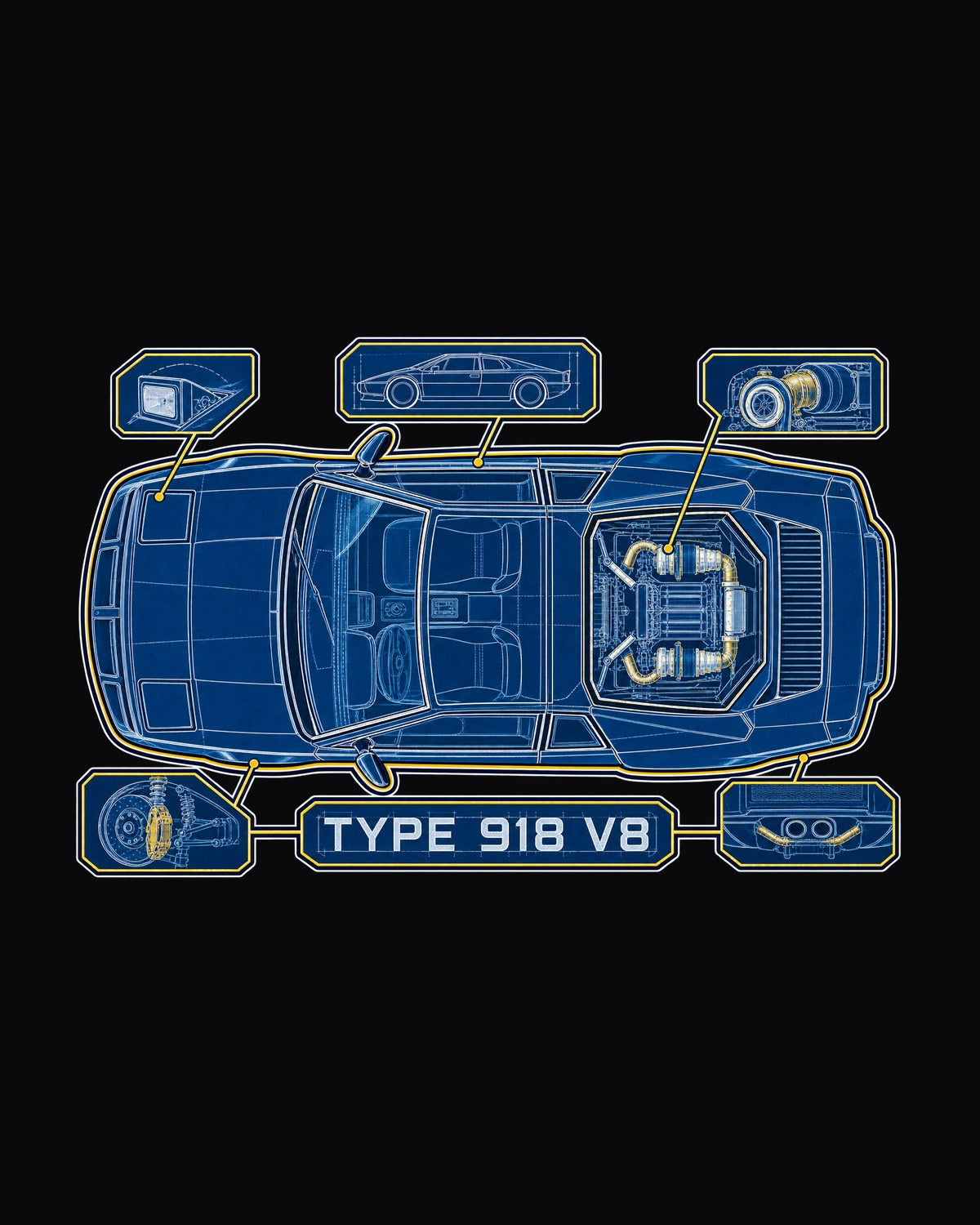 Lotus Esprit V8 1996 Cyanotype Blueprint Shirt, Type 918 design only