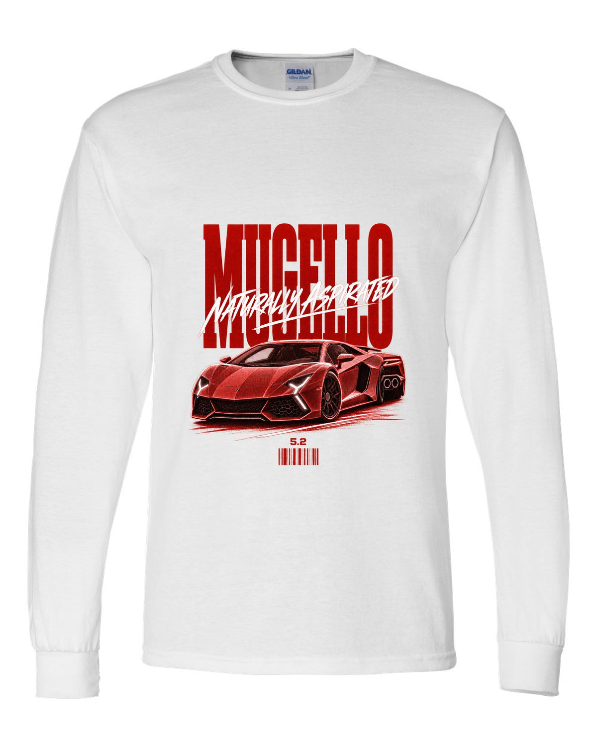Street poster print of a Lamborghini Huracan Tecnica LP640-2 with Mugello and Naturally Aspirated text white long sleeve front view with the design