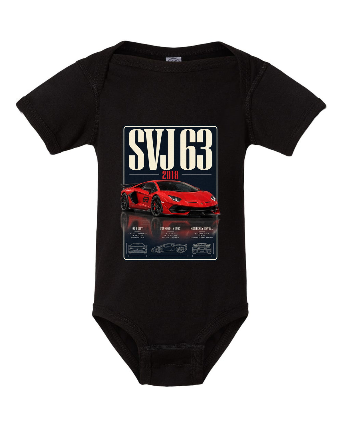 Archive panel print of the Lamborghini Aventador SVJ 63 limited edition black baby onesie front view with the design