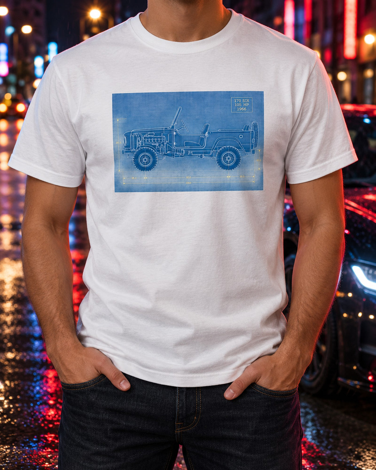 1966 Ford Bronco U13 Roadster Dawn Trailhead Blueprint Shirt T-Shirt White worn hero