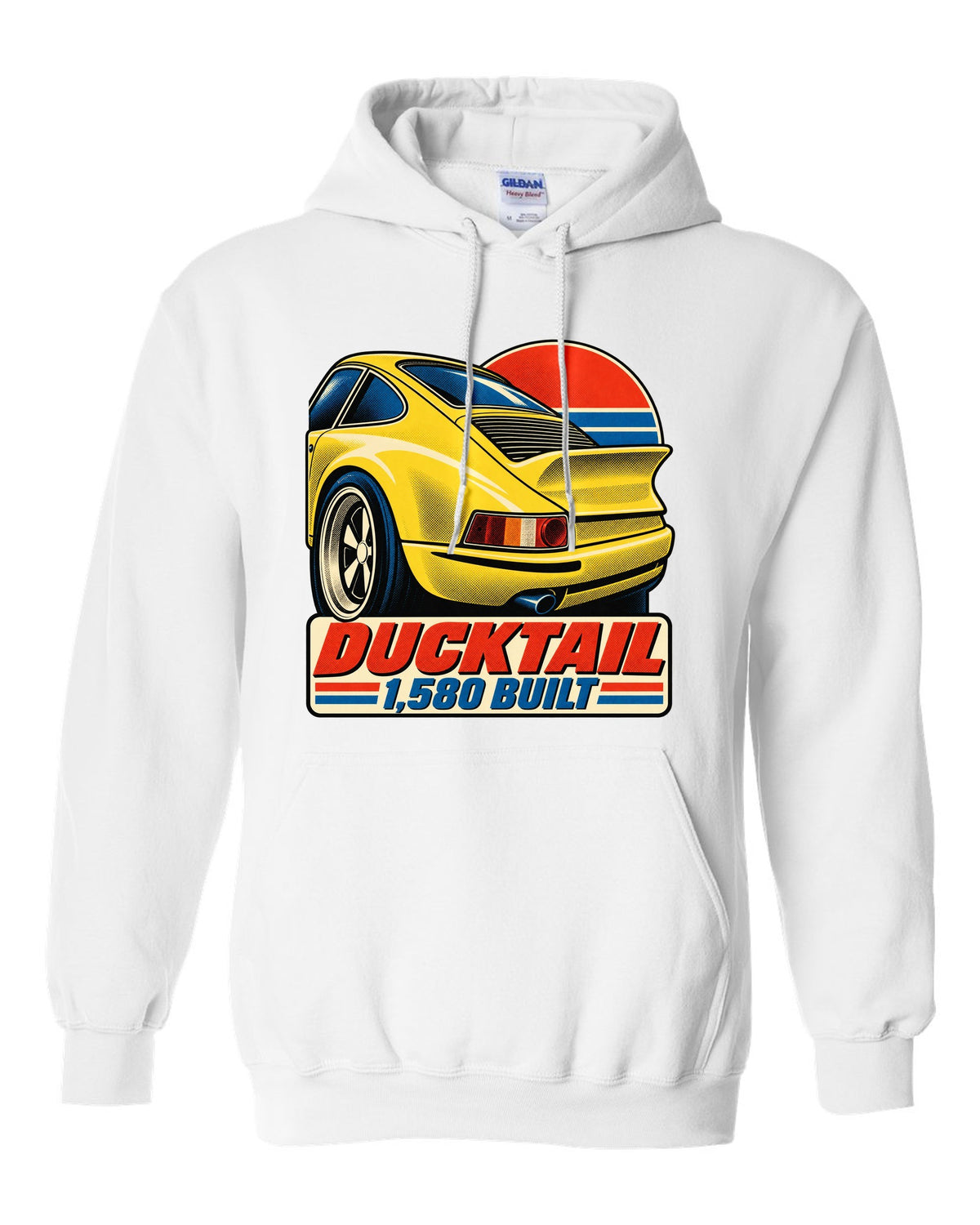 Vintage lithograph poster of the Porsche 911 Carrera RS 2.7 ducktail white pull over hoodie front view with the design