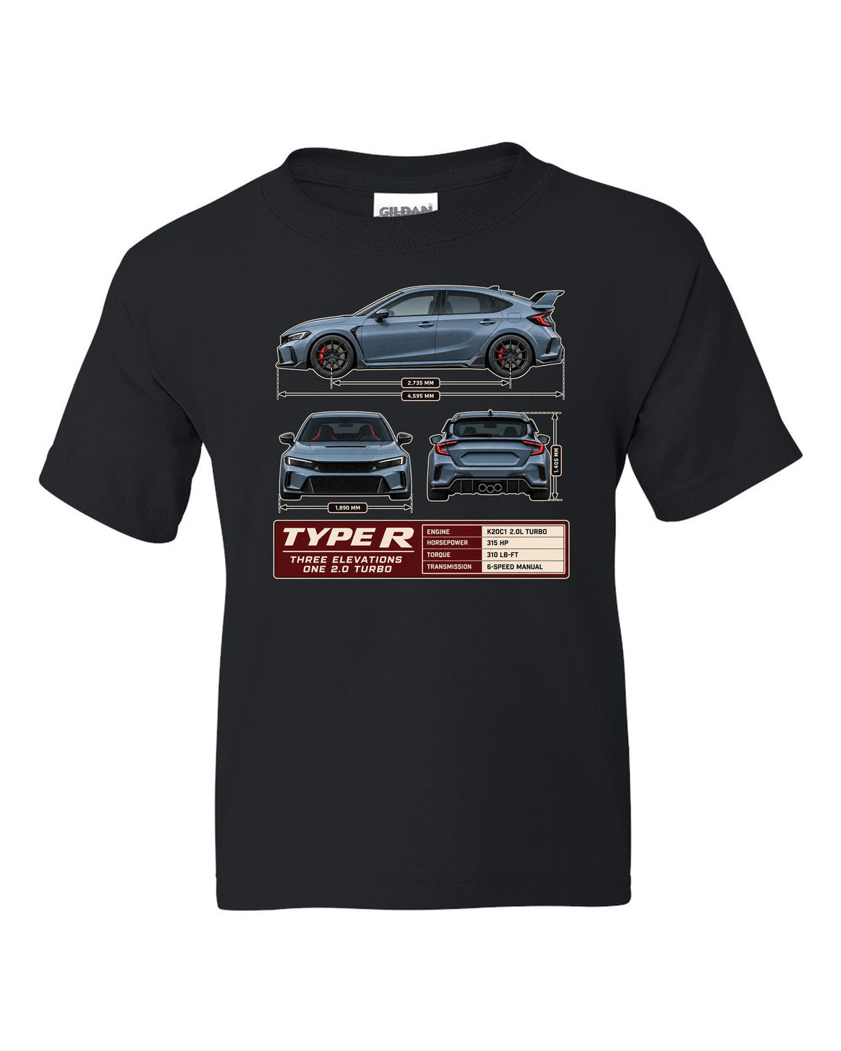 Civic Type R FL5 Three-View Spec Sheet Tee for Car Guys black kids tee front view with the design