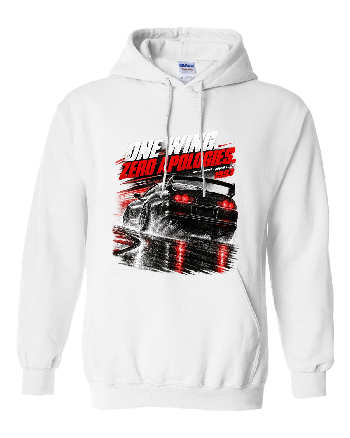 Race poster print of a Toyota Supra A80 JZA80 rear with the text One Wing Zero Apologies Round Three white pull over hoodie front view with the design
