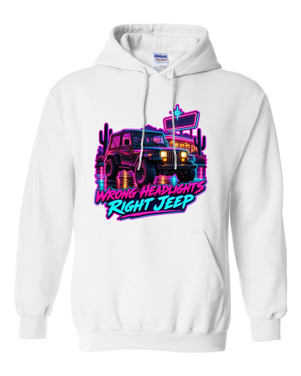 Synthwave diner scene illustration of a Jeep Wrangler YJ with WRONG HEADLIGHTS RIGHT JEEP lettering white pull over hoodie front view with the design