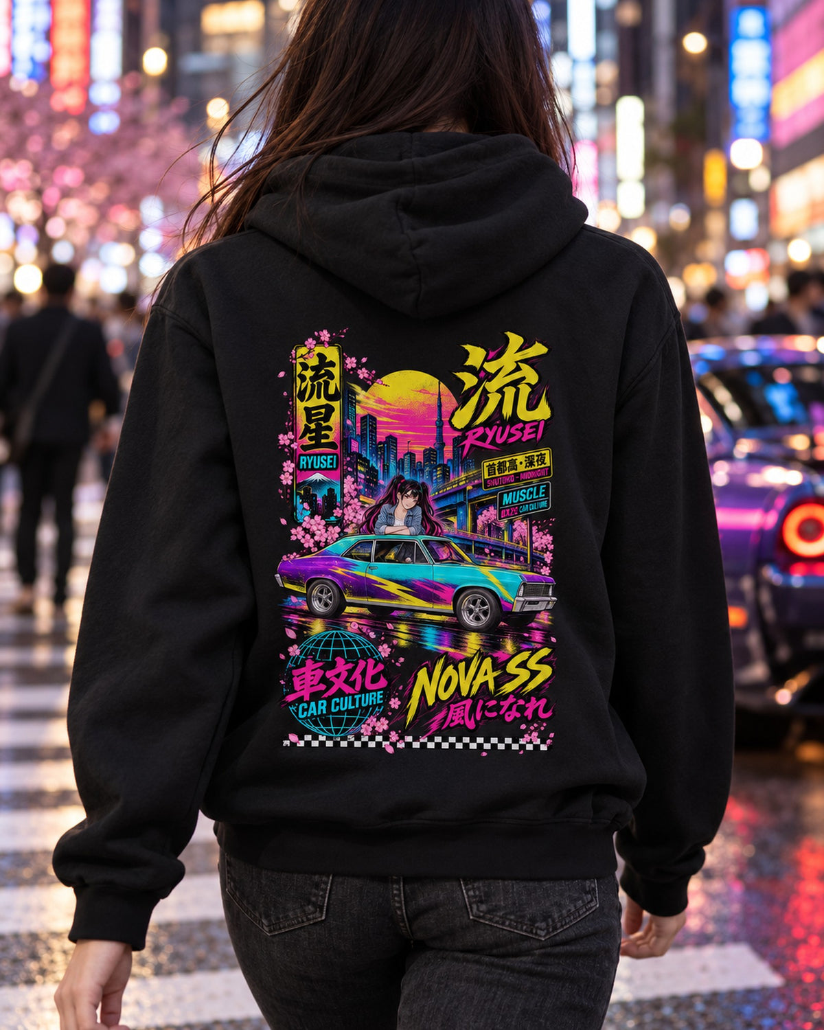 RYUSEI NOVA SS Anime Girl Full-Back Graphic Tee Pull Over Hoodie Black worn hero