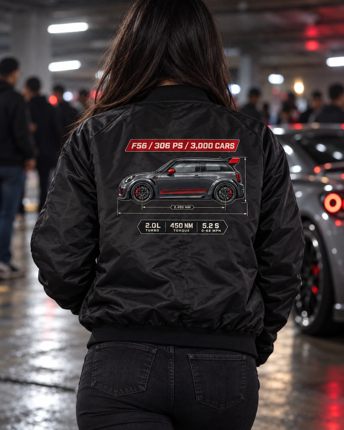 Mini JCW GP F56 2020 Blueprint Shirt, 3,000 Cars, 306 PS Bomber Jacket Black worn hero