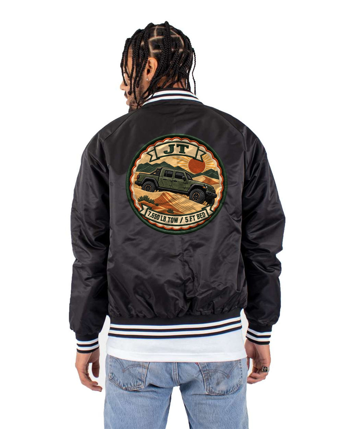 Jeep Gladiator JT Tow Rating Varsity Crest Tee, Truck Gift Bomber Jacket Black back