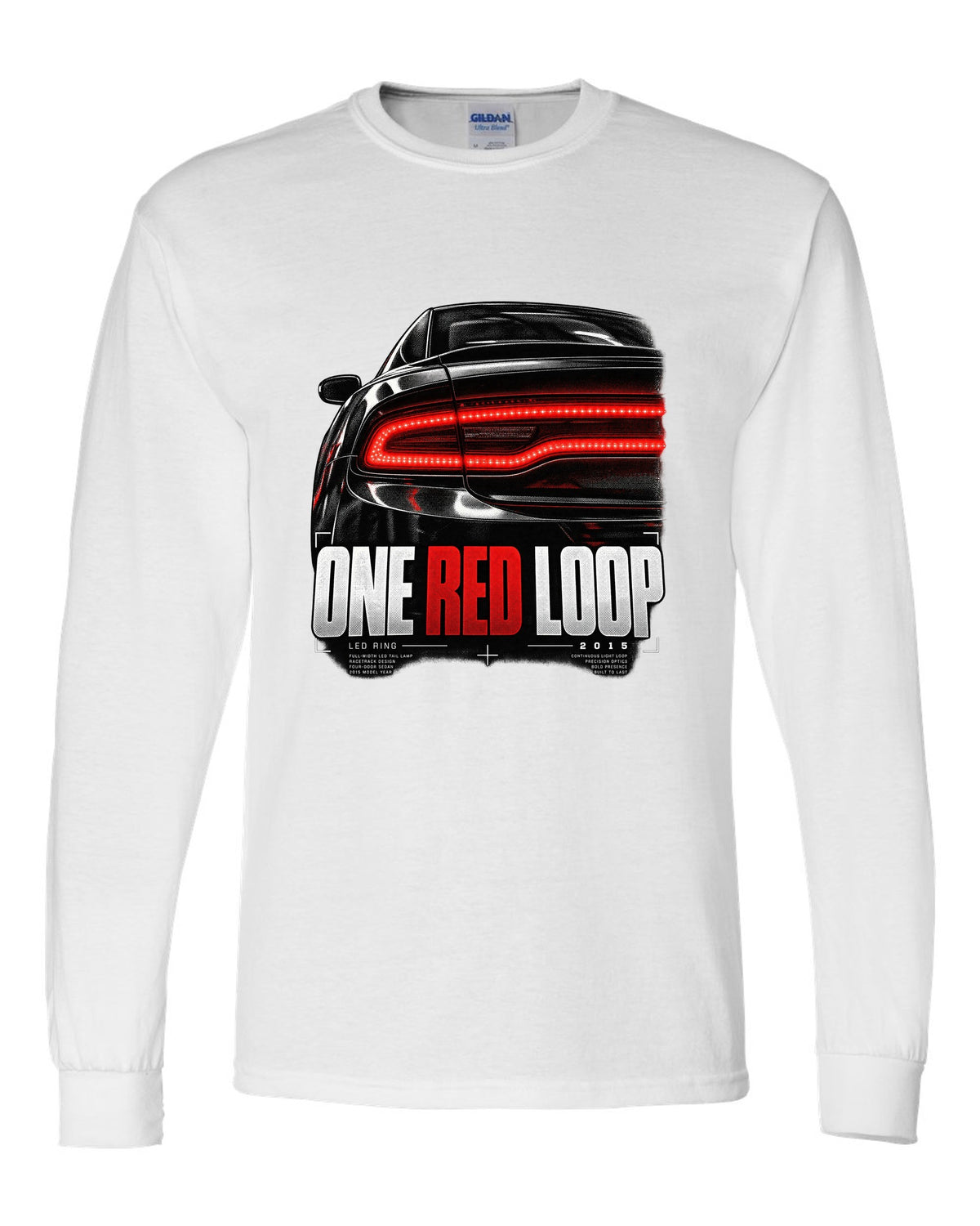 Macro print of a 2015 Dodge Charger LX/LD red LED ring taillight white long sleeve front view with the design