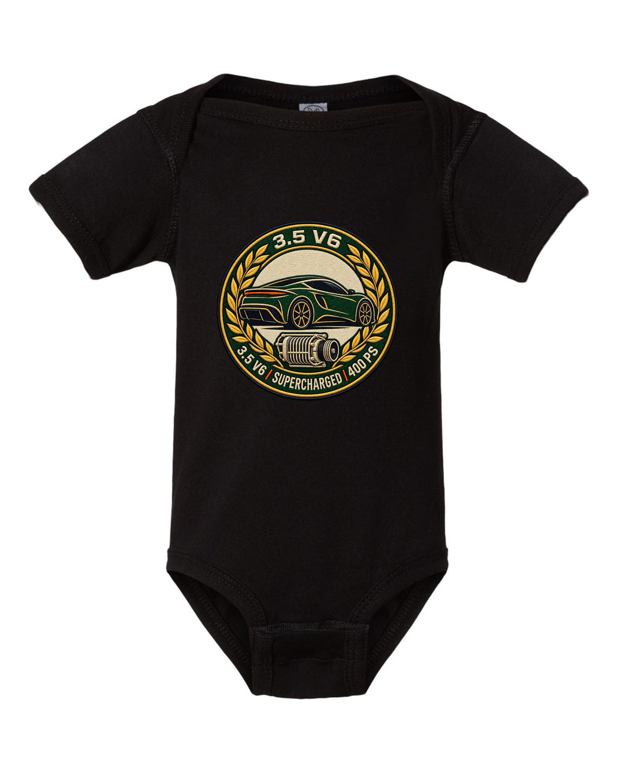 Lotus Emira varsity crest with 3.5 V6 SUPERCHARGED 400 PS lettering black baby onesie front view with the design