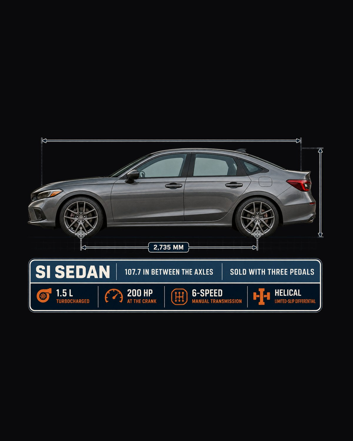 Civic Si FE1 Sedan Dimension Blueprint Shirt, Manual Gift design only