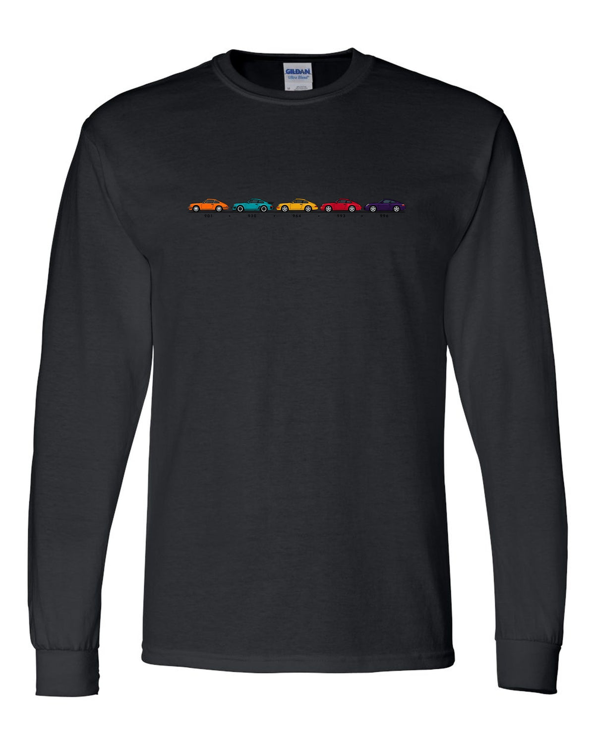 Retro Japanese showa advert style illustration of a 1955 Porsche 356 A Speedster black long sleeve front view with the design