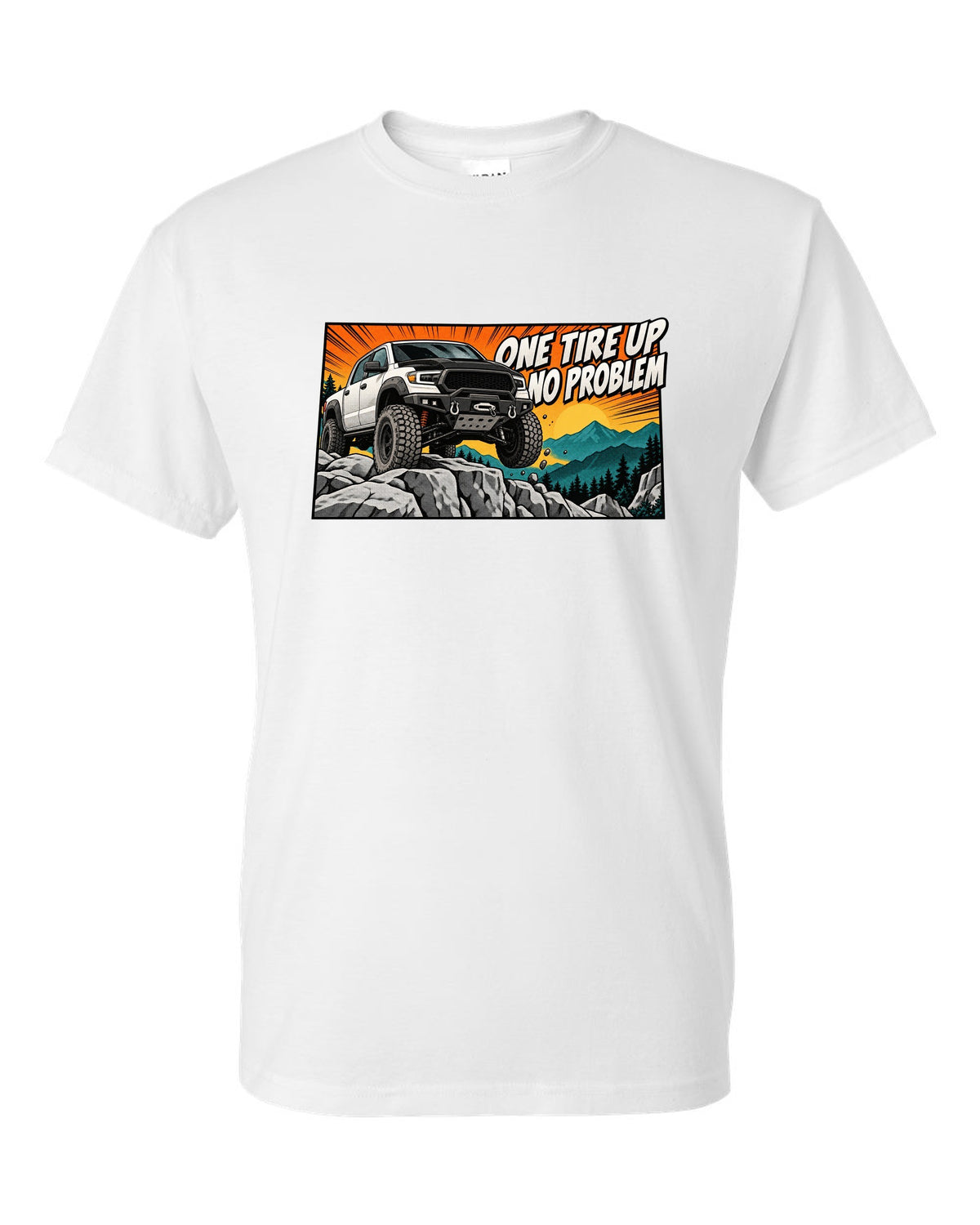 Retro manga halftone print of a Ram Power Wagon 2500 4x4 with one tire up on a ledge white t-shirt front view with the design