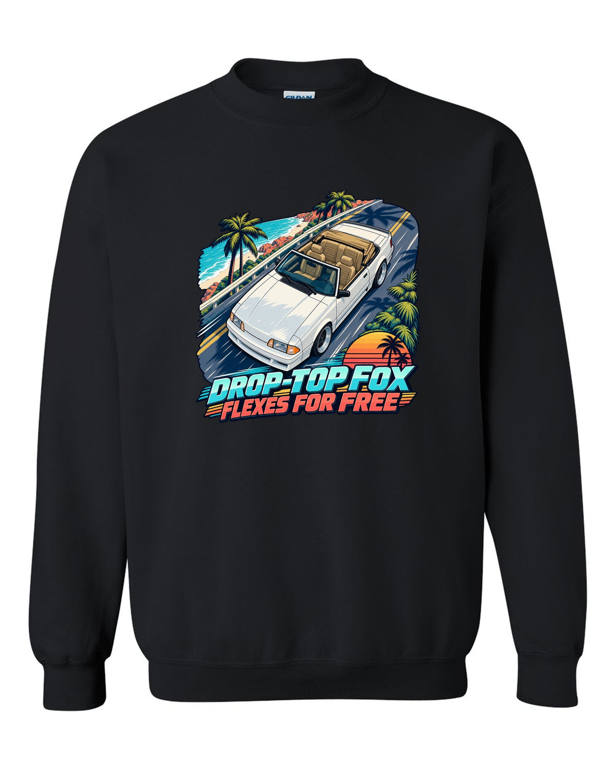 Cel-shaded anime print of a Ford Mustang Fox Body convertible seen from above black crewneck front view with the design