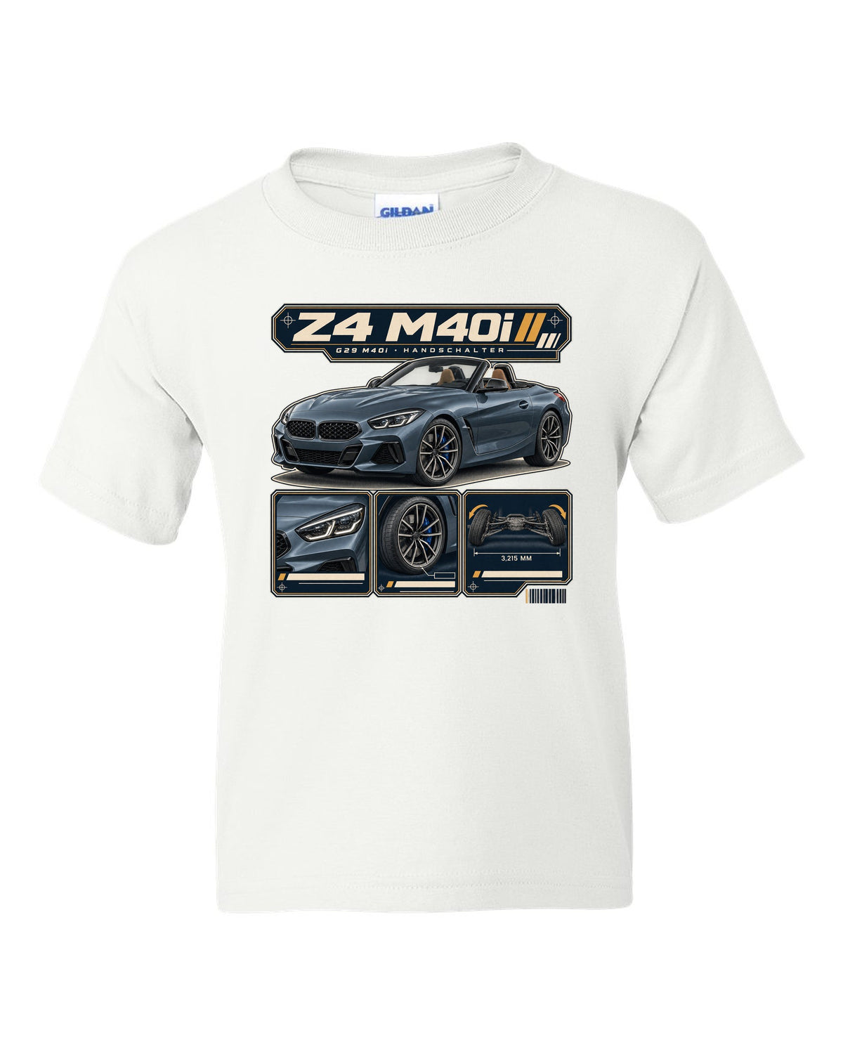 Dossier panel print of the BMW i7 M70 G70 noting rear wheel steering white kids tee front view with the design