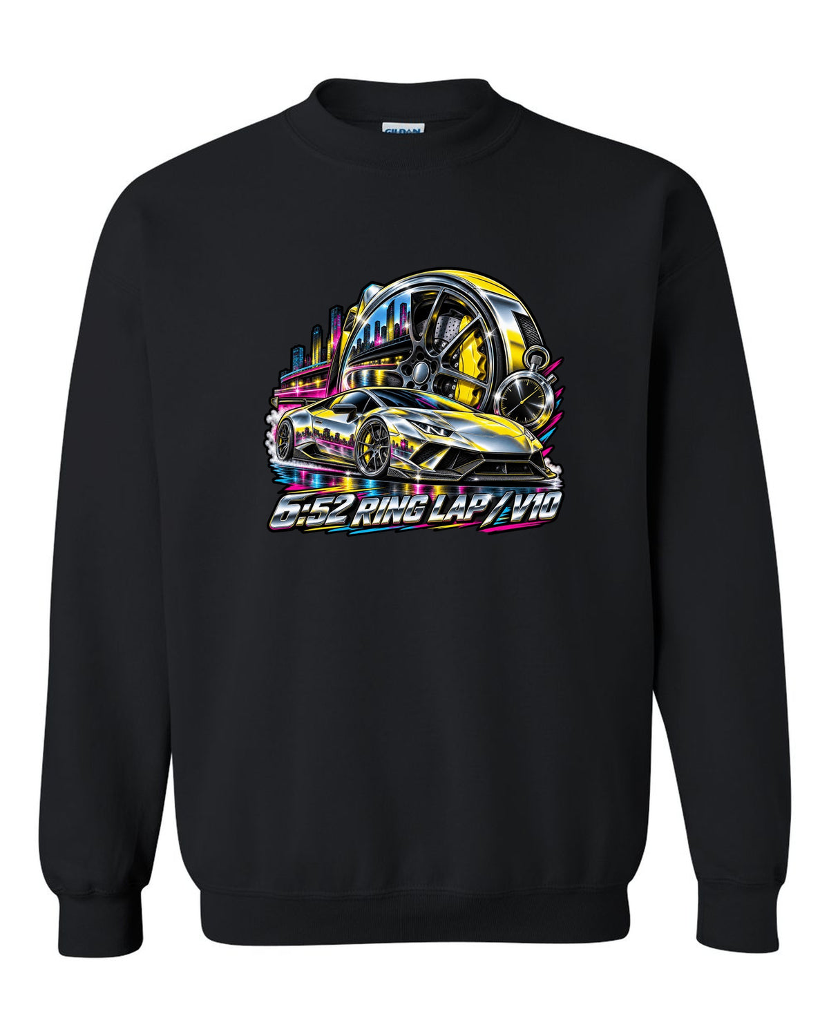 80s airbrush chrome Lamborghini Huracan Performante LP640-4 wheel and caliper with text 6:52 RING LAP / V10 black crewneck front view with the design