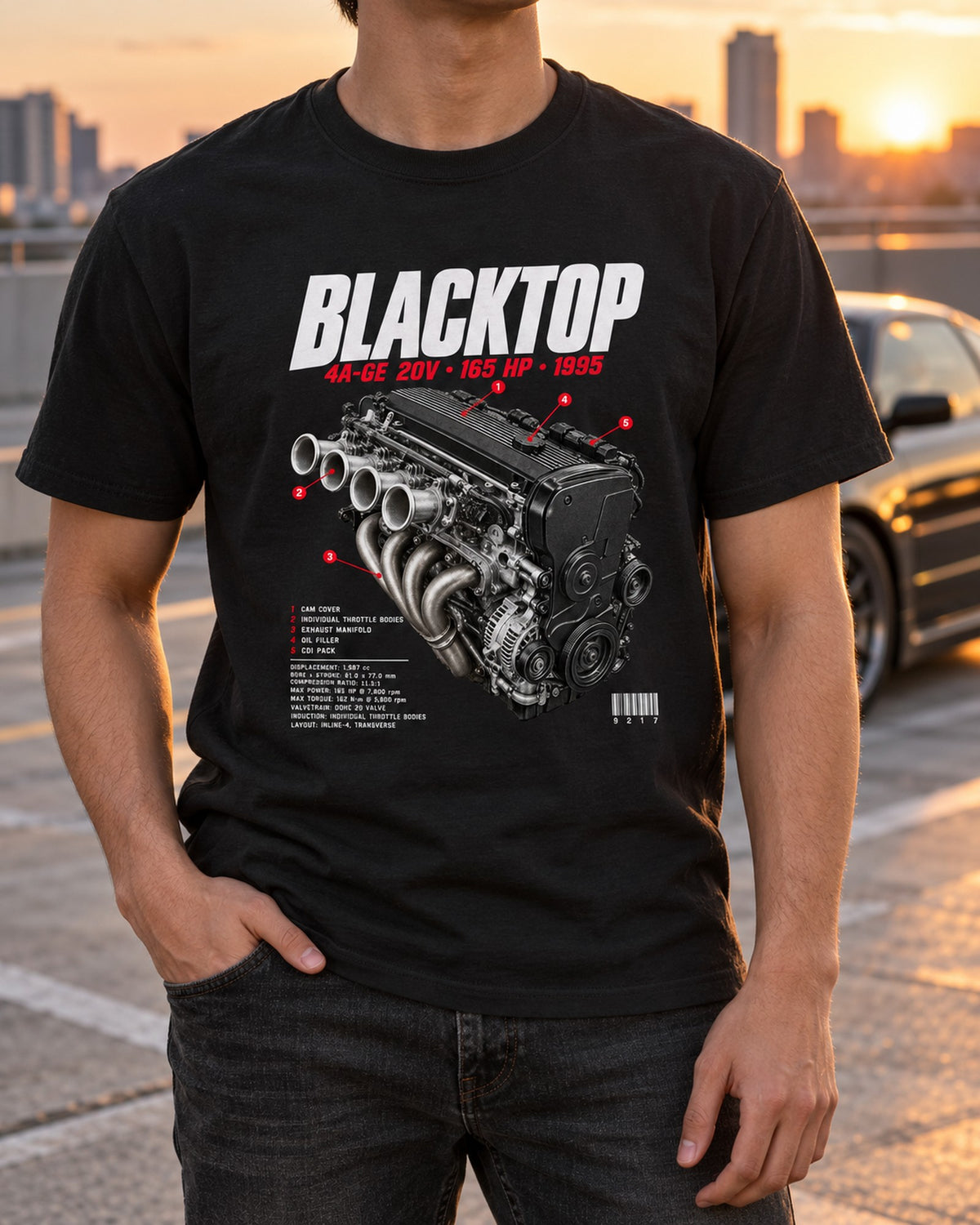 Toyota Corolla Levin AE111 Blacktop 4A-GE 20V Engine Tee T-Shirt Black worn hero