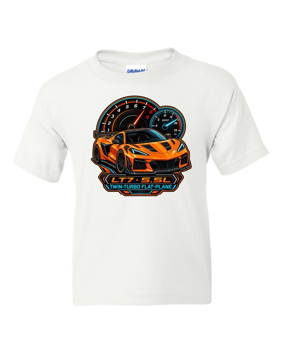 Embroidery-style varsity crest of a 2023 C8 Corvette Z06 with LT7 engine lettering white kids tee front view with the design