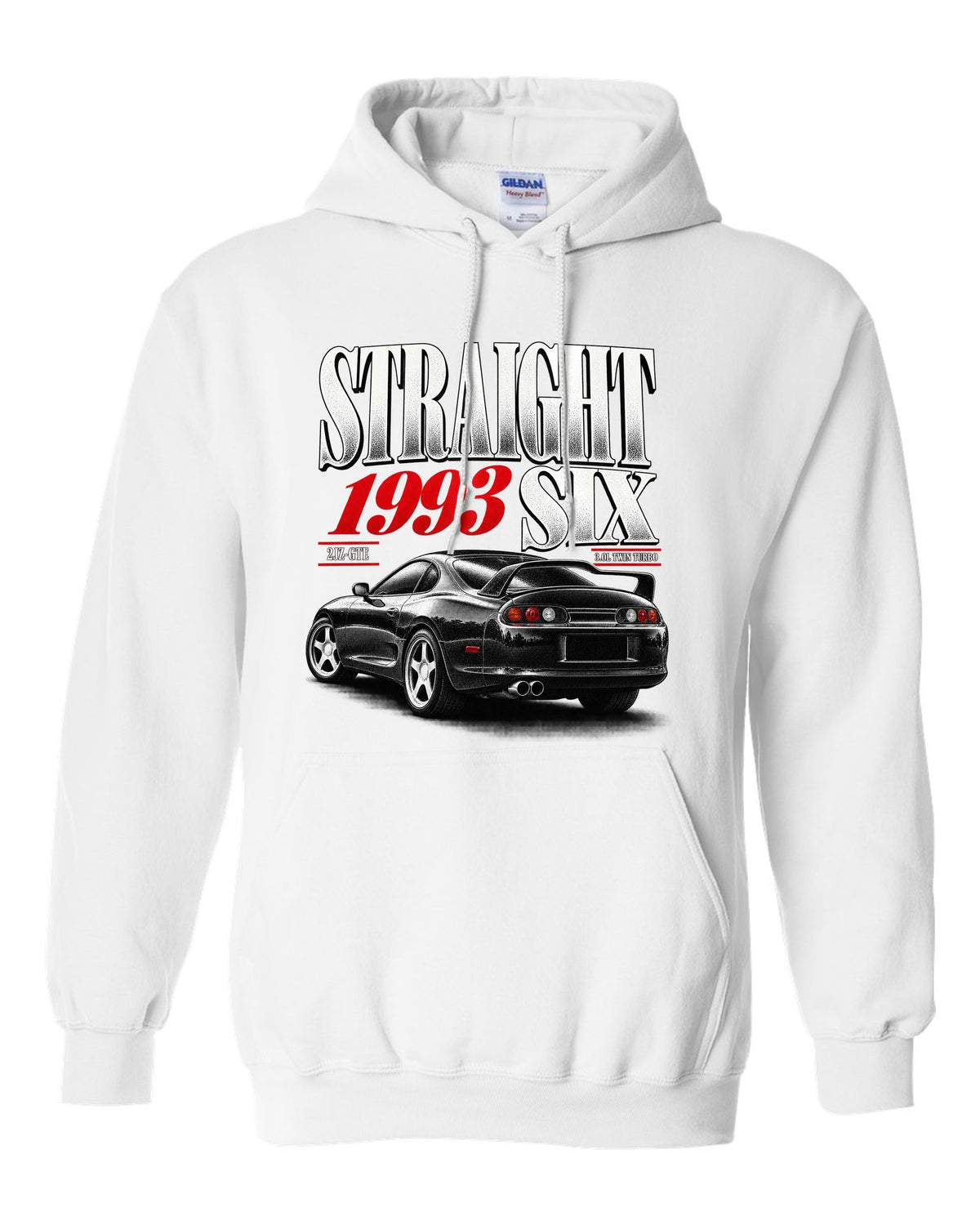 print of a Toyota Supra A80 JZA80 with straight six editorial headline and 2JZ-GTE twin turbo text white pull over hoodie front view with the design