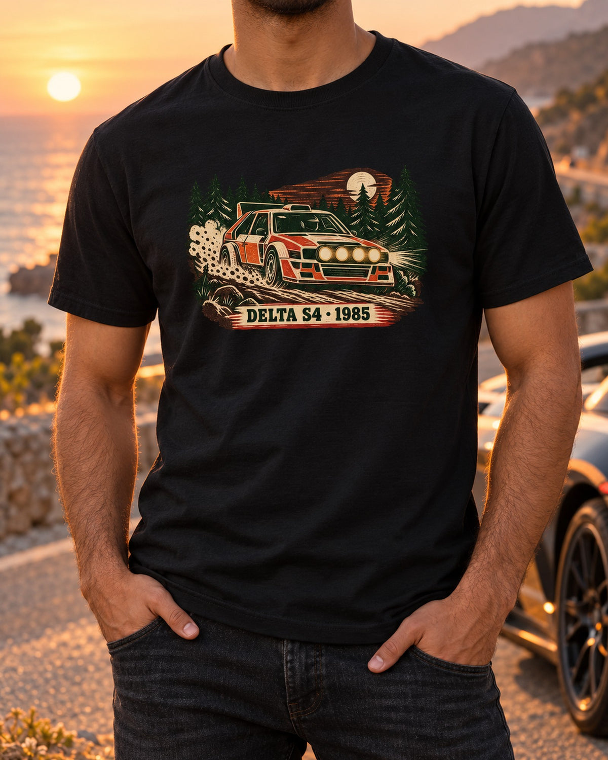 Lancia Delta S4 1985 Forest Stage Multi-Block Linocut Tee T-Shirt Black worn hero