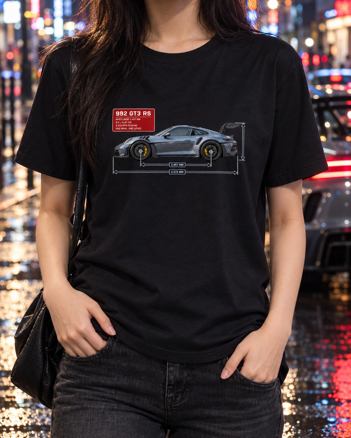 Porsche 992 GT3 RS Dimension Blueprint Shirt, Car Guy Gift T-Shirt Black worn hero