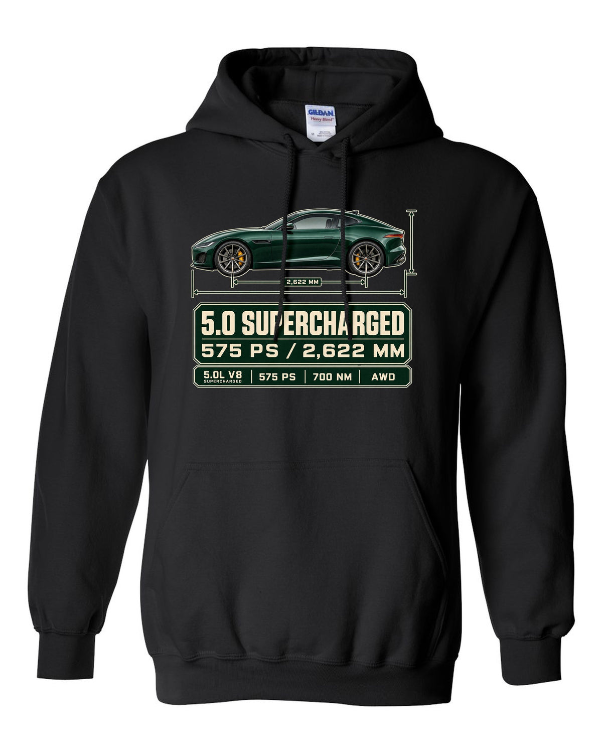Spec poster print of the Jaguar F-Type R Coupe with 5.0 supercharged and 575 PS text black pull over hoodie front view with the design