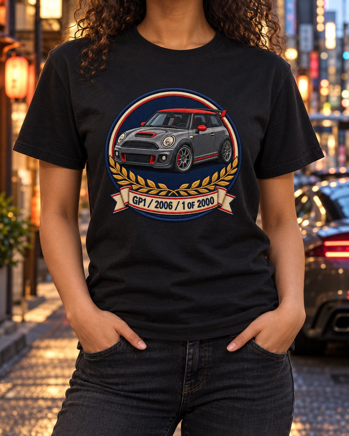 Mini Cooper GP1 R53 Numbered Run Varsity Crest Shirt T-Shirt Black worn hero