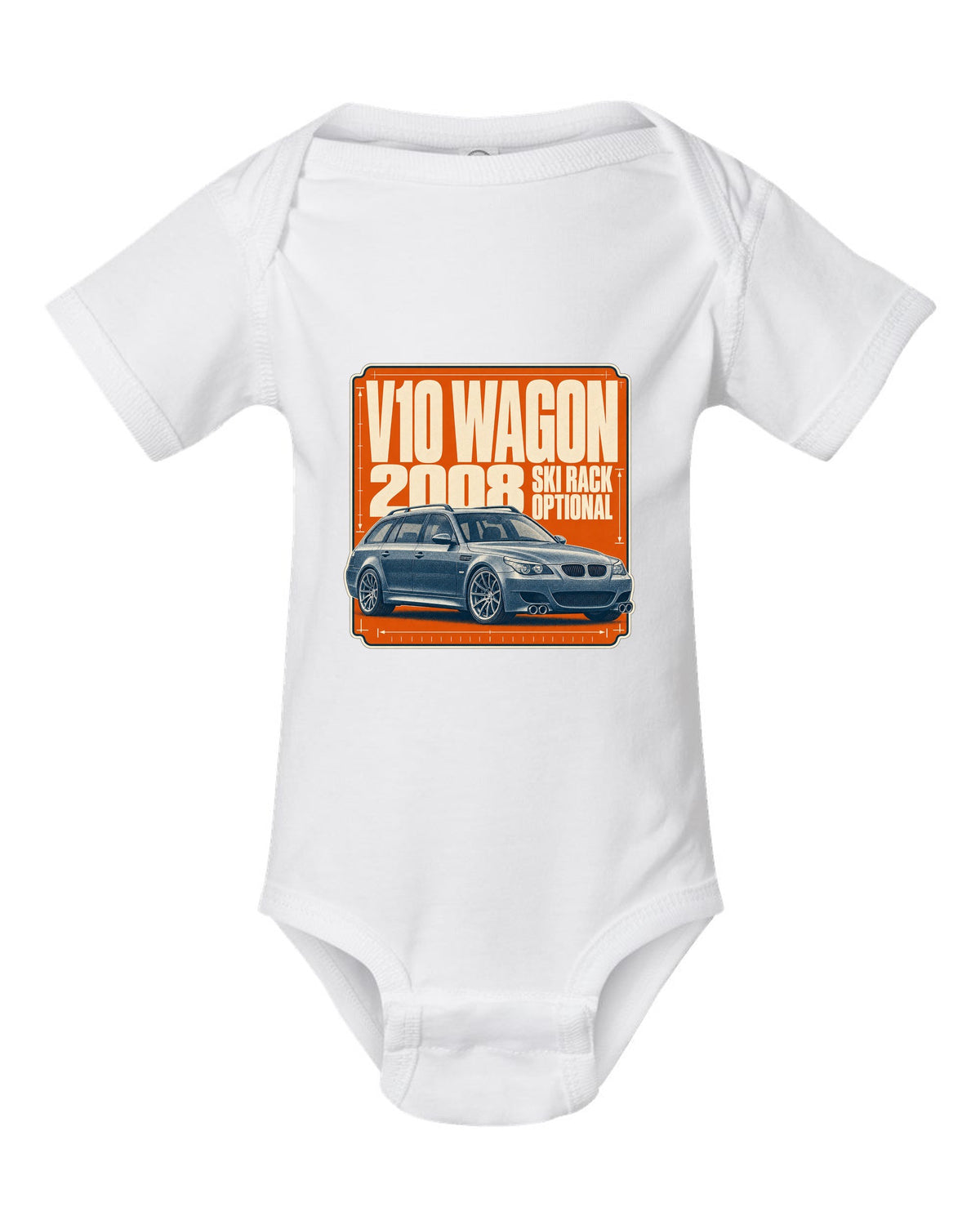 BMW M5 E61 Touring wagon halftone print white baby onesie front view with the design