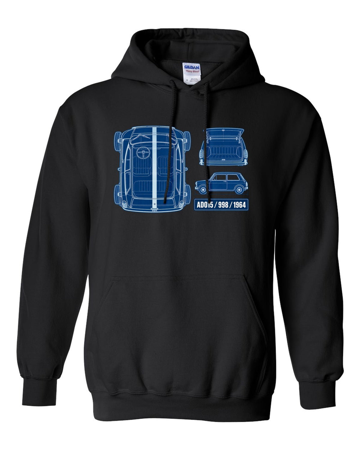 1964 Mini Cooper Mk I ADO15 in a white-on-blue cyanotype blueprint style black pull over hoodie front view with the design