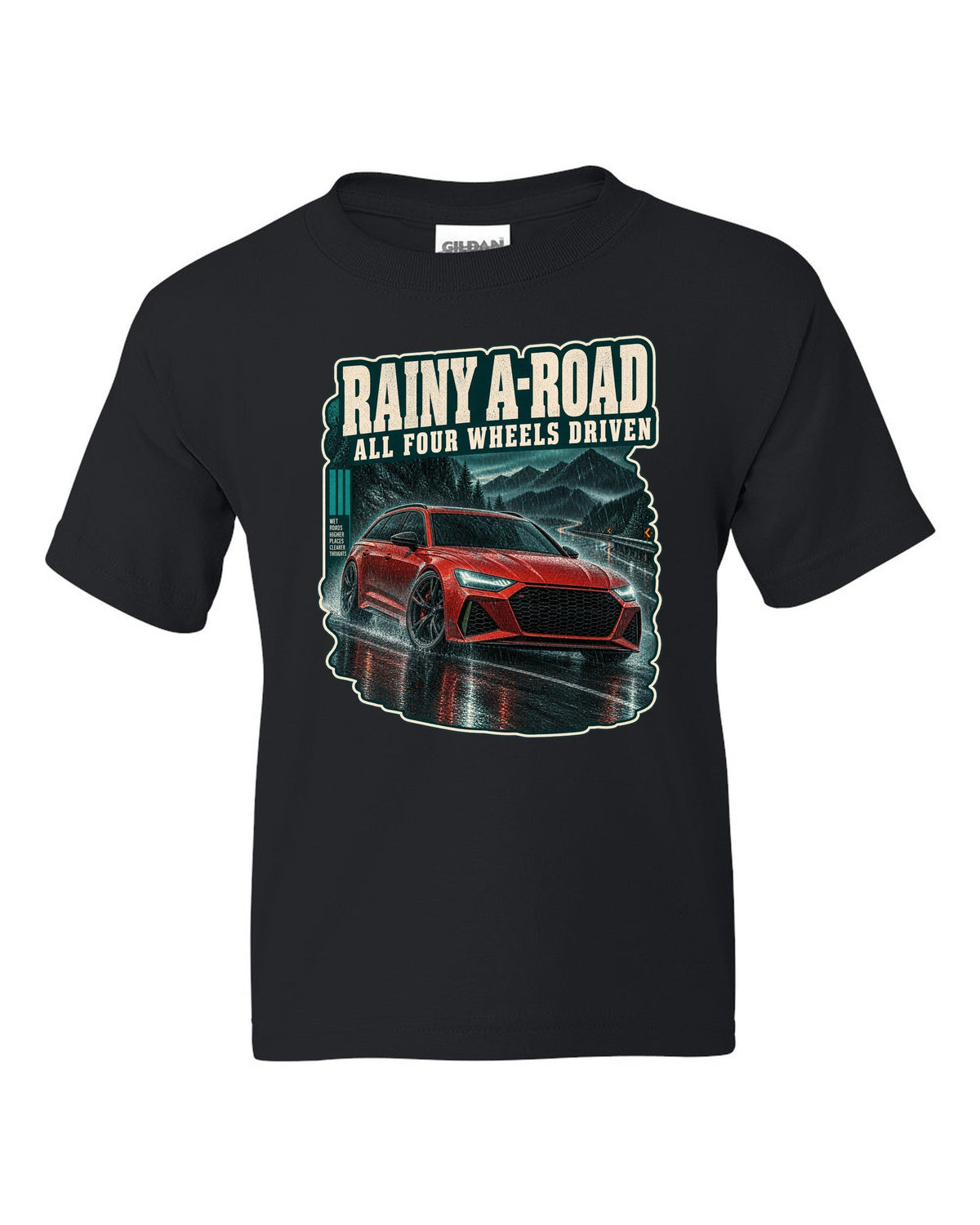 Rainy night road scene with an Audi RS6 Avant C8, all-wheel-drive caption black kids tee front view with the design