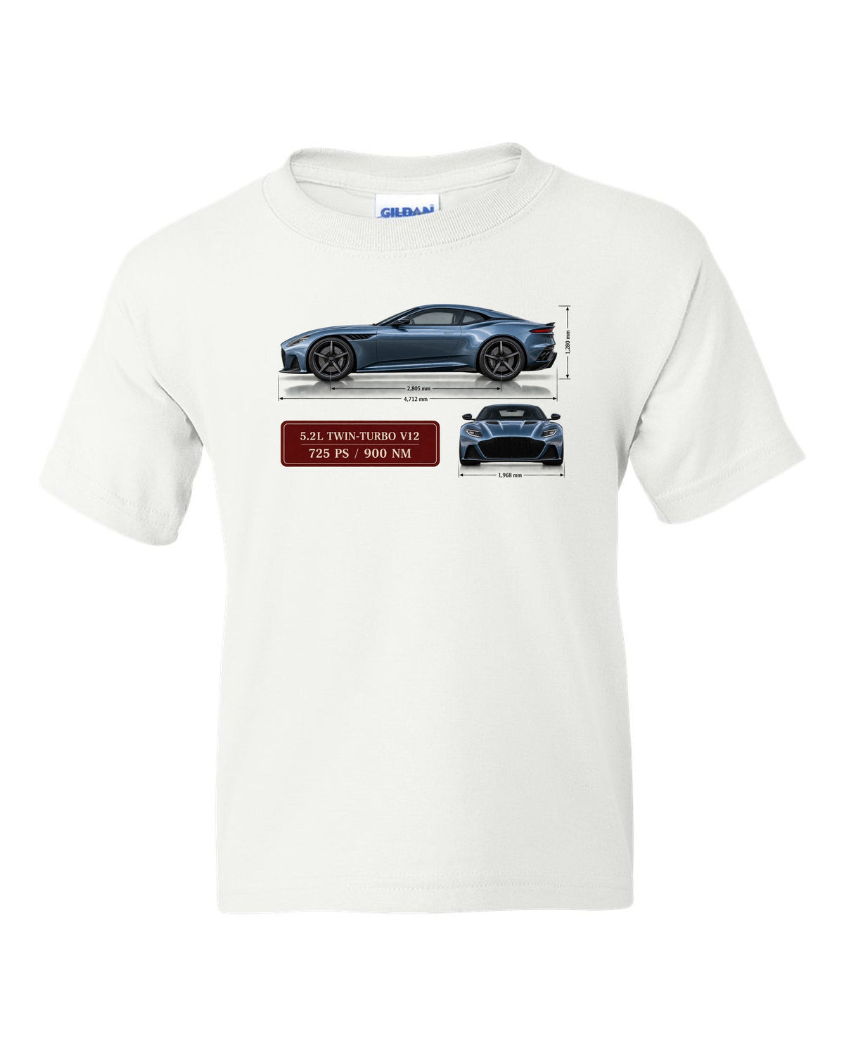 Aston Martin DBS Superleggera 2018 spec sheet print with 5.2L V12 725 PS 900 Nm white kids tee front view with the design