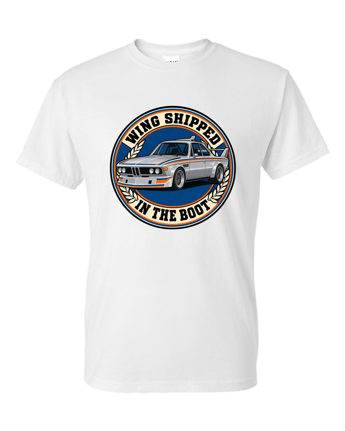 Embroidery-style varsity crest print of a BMW 3.0 CSL E9 with wing in the boot text white t-shirt front view with the design