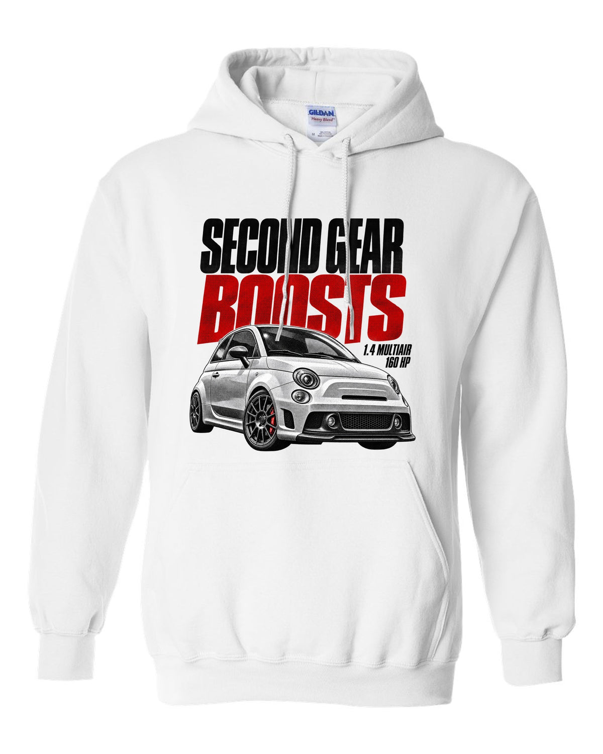 Halftone print of a Fiat 500 Abarth with 1.4 MultiAir and 160 HP text white pull over hoodie front view with the design
