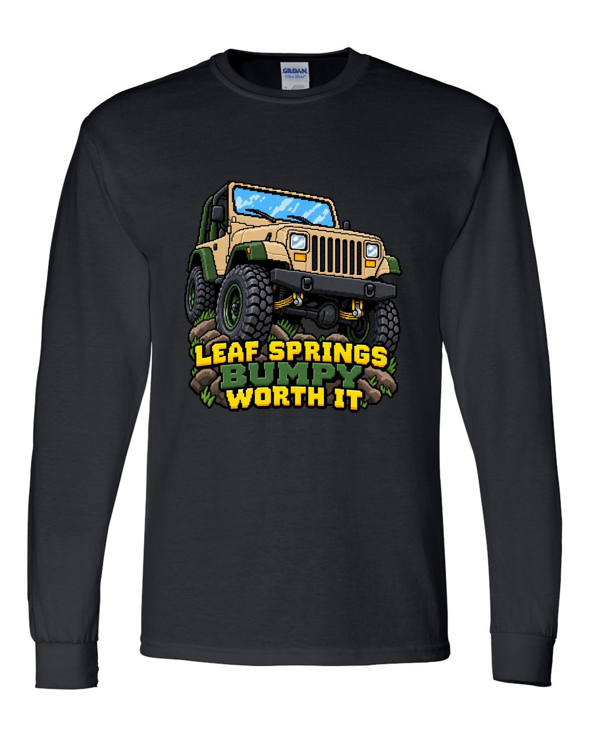 16-bit pixel art illustration of a Jeep Wrangler YJ with LEAF SPRINGS BUMPY WORTH IT lettering black long sleeve front view with the design