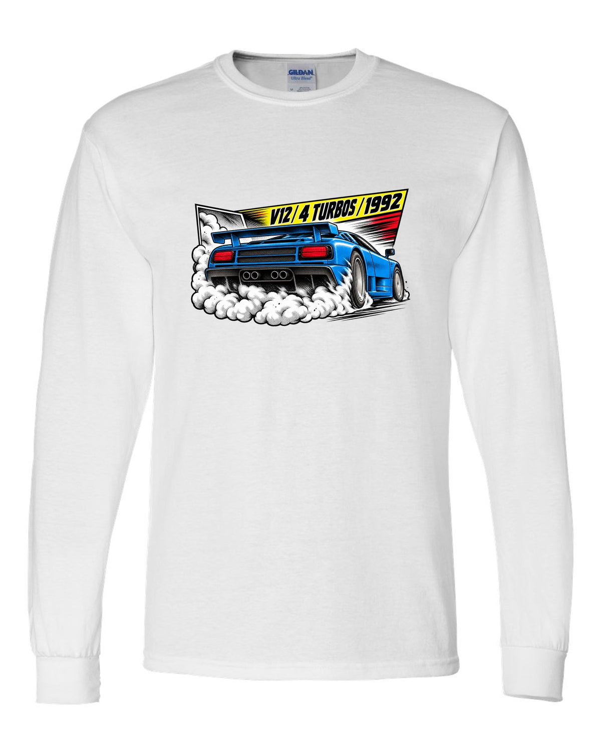 Retro manga halftone panel of a Bugatti EB110 SS burnout with V12 4 TURBOS 1992 lettering white long sleeve front view with the design