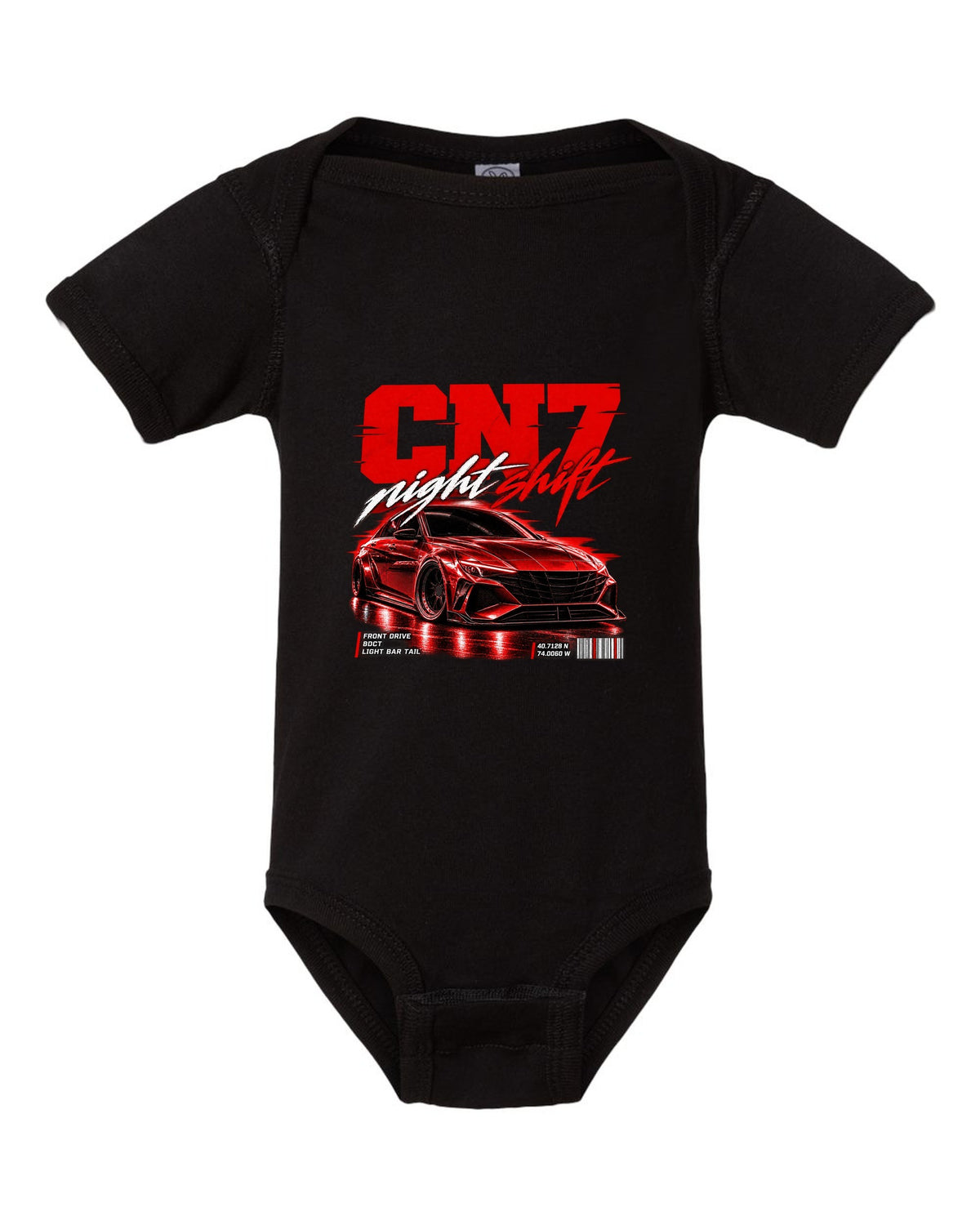 Hyundai Elantra N CN7 street poster print with night shift text and coordinates black baby onesie front view with the design