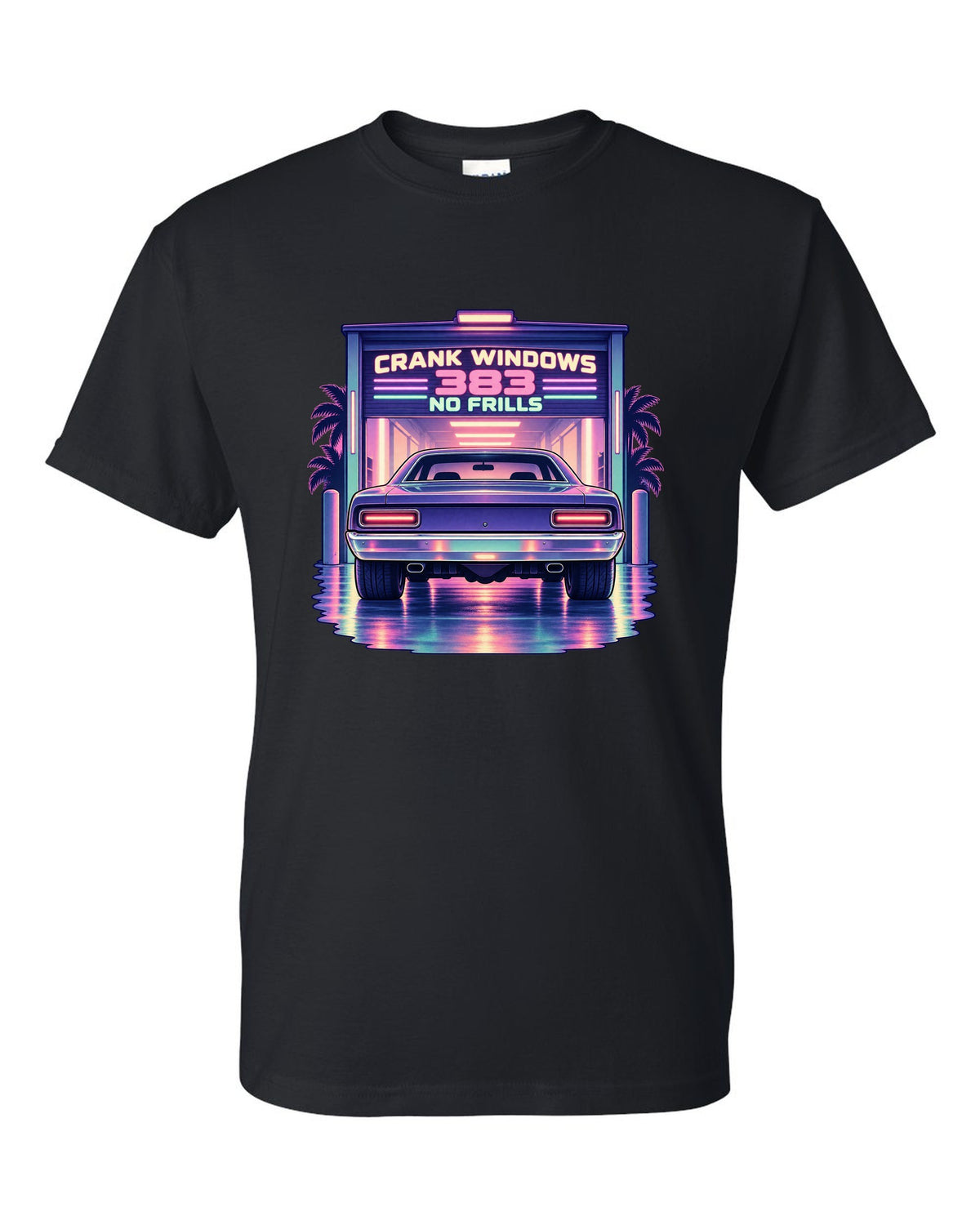 Vaporwave pastel night garage with a 1970 Plymouth Road Runner and 383 no frills lettering black t-shirt front view with the design